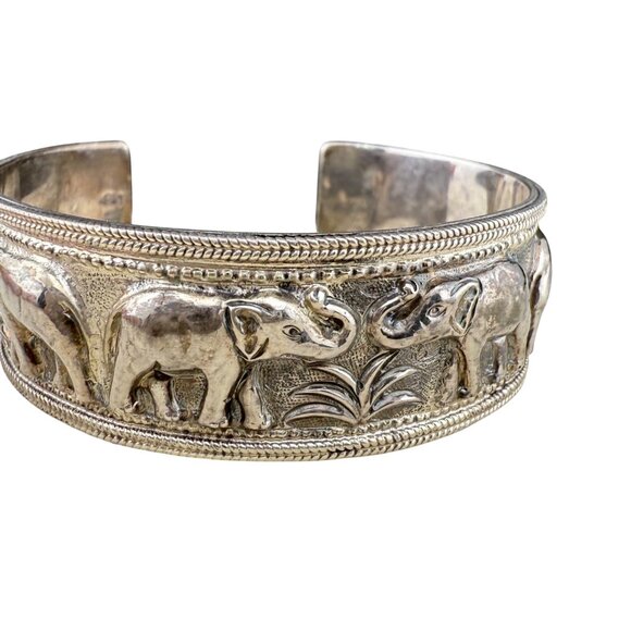 Sterling Silver Elephant Cuff Bracelet Embossed Safari Design Tribal Jewelry 925 - Picture 4 of 8